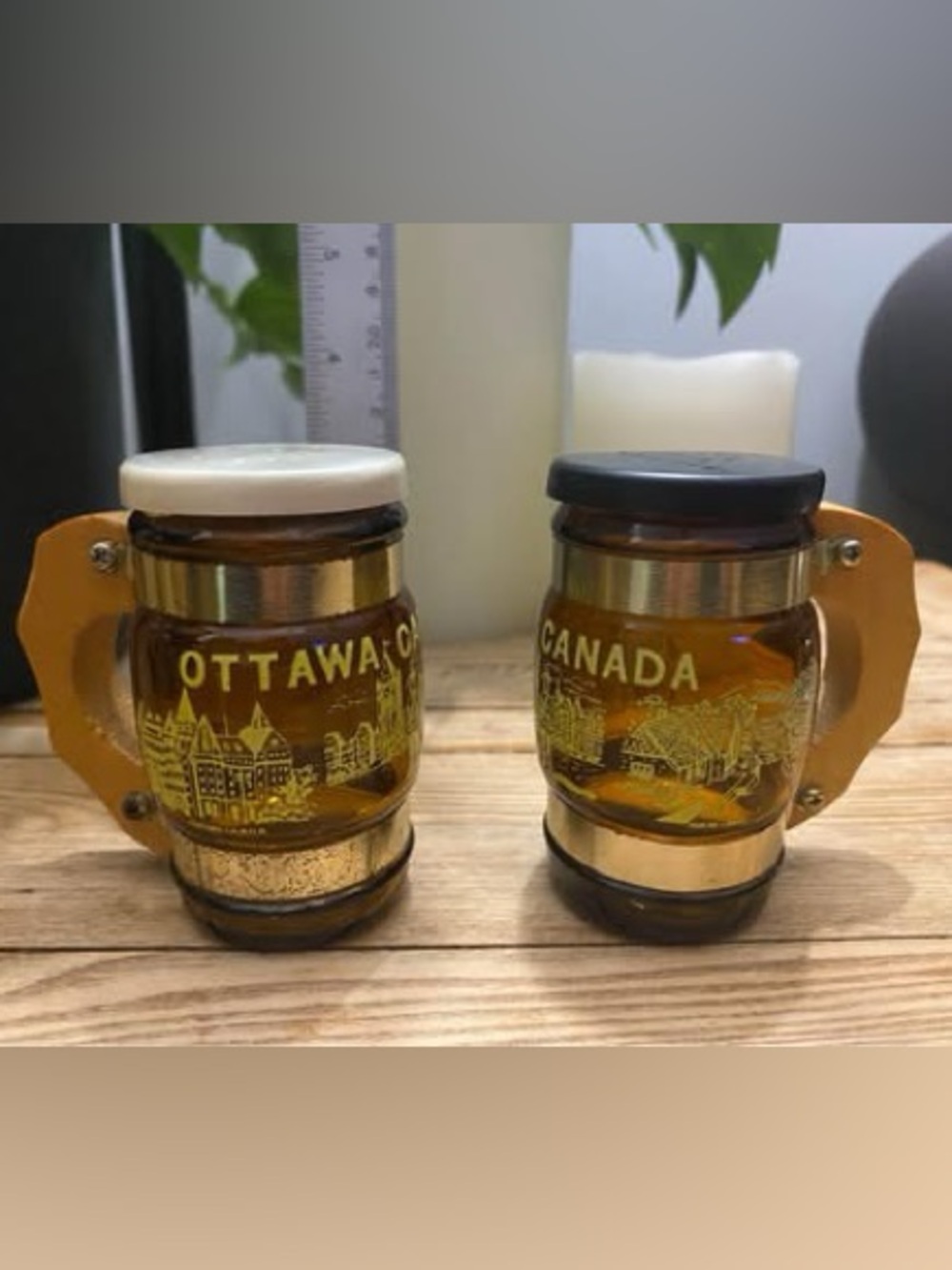 Vintage Amber Glass Barrel Salt & Pepper Shakers Wooden Handle Ottawa Canada